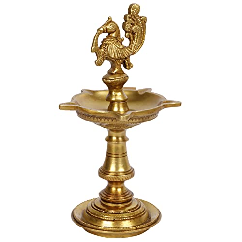 Artvarko Brass Bird Traditional Peacock 5 Wick Diya Oil Lamp Table Decor Diyas for Pooja Religious Diwali Gifts with Stand for Home Puja Temple Showpiece 8 Inch - Image 4