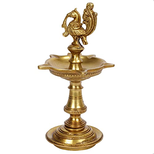 Artvarko Brass Bird Traditional Peacock 5 Wick Diya Oil Lamp Table Decor Diyas for Pooja Religious Diwali Gifts with Stand for Home Puja Temple Showpiece 8 Inch - Image 5