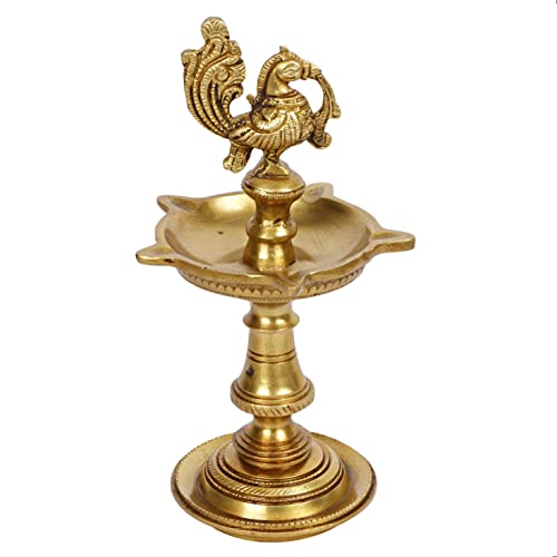 Artvarko Brass Bird Traditional Peacock 5 Wick Diya Oil Lamp Table Decor Diyas for Pooja Religious Diwali Gifts with Stand for Home Puja Temple Showpiece 8 Inch - Image 2