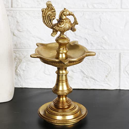 Artvarko Brass Bird Traditional Peacock 5 Wick Diya Oil Lamp Table Decor Diyas for Pooja Religious Diwali Gifts with Stand for Home Puja Temple Showpiece 8 Inch - Image 1