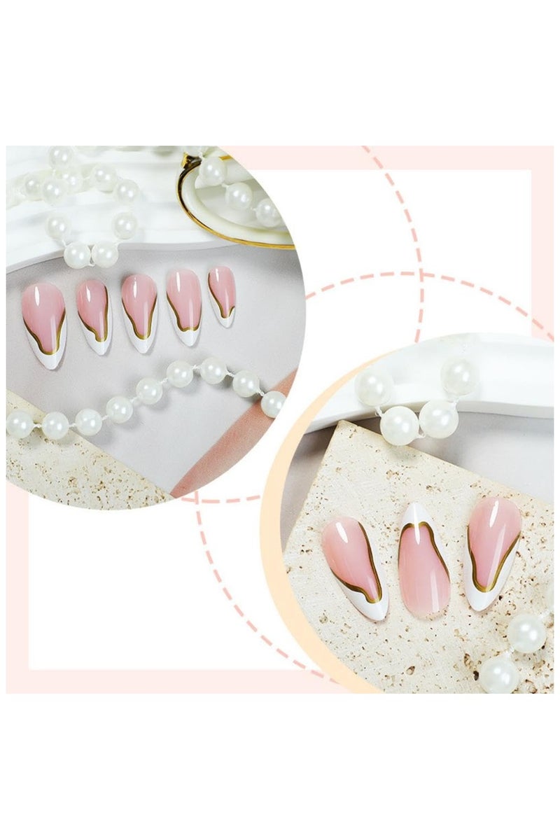 نصيحة فرنسية أبيضة الصحافة على الأظافر خط الذهب الأظافر الزائفة متوسطة اللوز الأظافر الزائفة مع التصميم الغراء العاري على الأظافر الاكريليك الاصطناعي الغطاء الكامل عصا لامعة على الأظافر للمرأة مانيكير 24 قطعة - Image 3