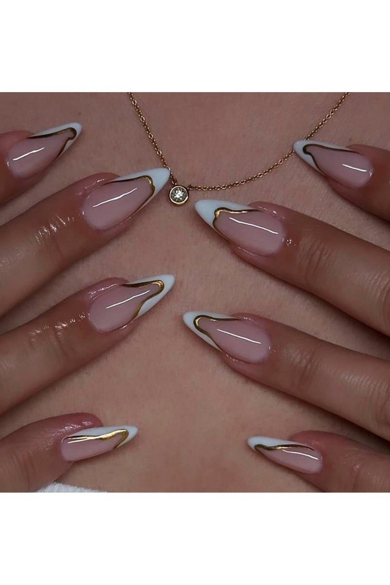 نصيحة فرنسية أبيضة الصحافة على الأظافر خط الذهب الأظافر الزائفة متوسطة اللوز الأظافر الزائفة مع التصميم الغراء العاري على الأظافر الاكريليك الاصطناعي الغطاء الكامل عصا لامعة على الأظافر للمرأة مانيكير 24 قطعة - Image 1