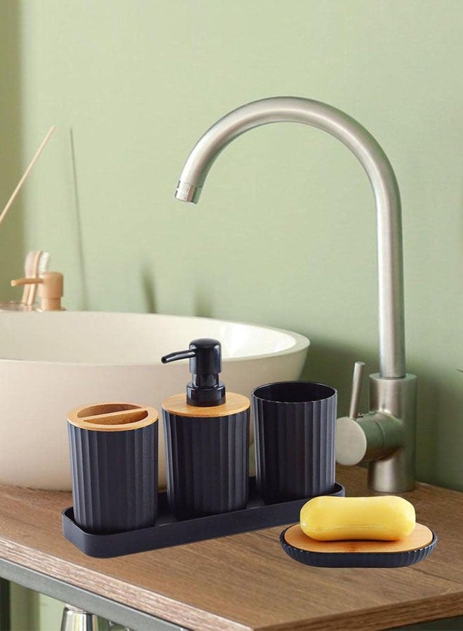 Hanayo مجموعة 5 قطع من ملحقات الحمام مجموعة ديكور الحمام مع موزع صابون طبق صابون حامل فرشاة الأسنان كوب فرشاة الأسنان صينية تجميل ملحقات سطح المكتب الزخرفية (أسود) - Image 2