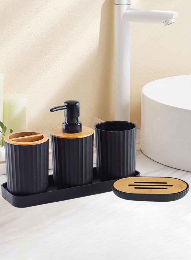 Hanayo مجموعة 5 قطع من ملحقات الحمام مجموعة ديكور الحمام مع موزع صابون طبق صابون حامل فرشاة الأسنان كوب فرشاة الأسنان صينية تجميل ملحقات سطح المكتب الزخرفية (أسود) - Image 3