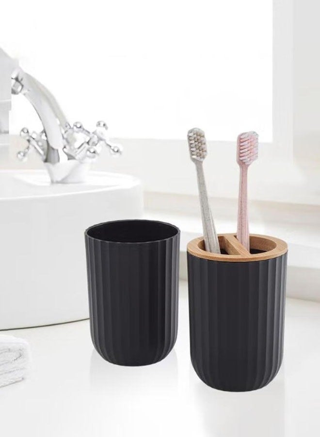 Hanayo مجموعة 5 قطع من ملحقات الحمام مجموعة ديكور الحمام مع موزع صابون طبق صابون حامل فرشاة الأسنان كوب فرشاة الأسنان صينية تجميل ملحقات سطح المكتب الزخرفية (أسود) - Image 5