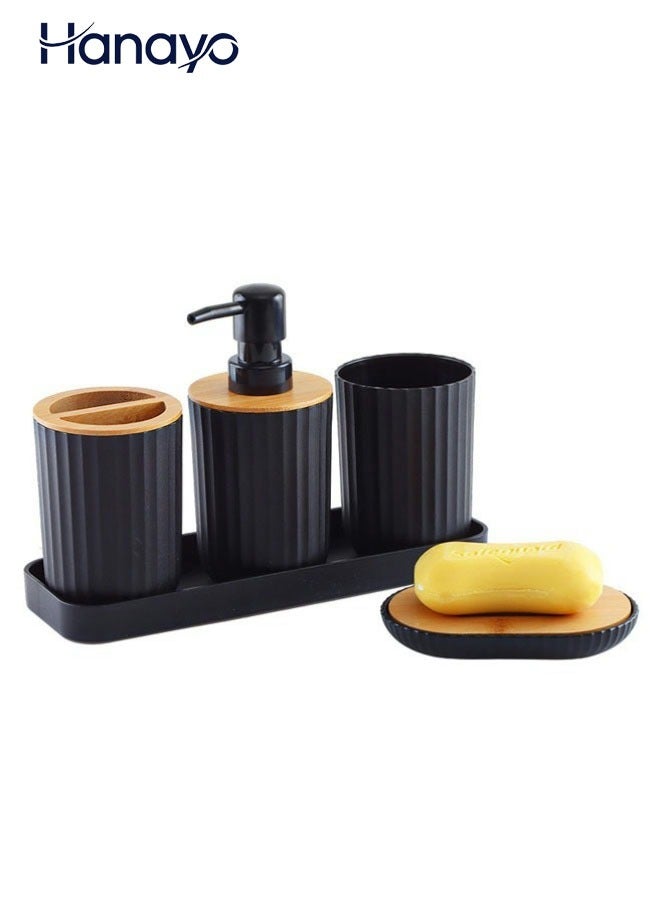 Hanayo مجموعة 5 قطع من ملحقات الحمام مجموعة ديكور الحمام مع موزع صابون طبق صابون حامل فرشاة الأسنان كوب فرشاة الأسنان صينية تجميل ملحقات سطح المكتب الزخرفية (أسود) - Image 1