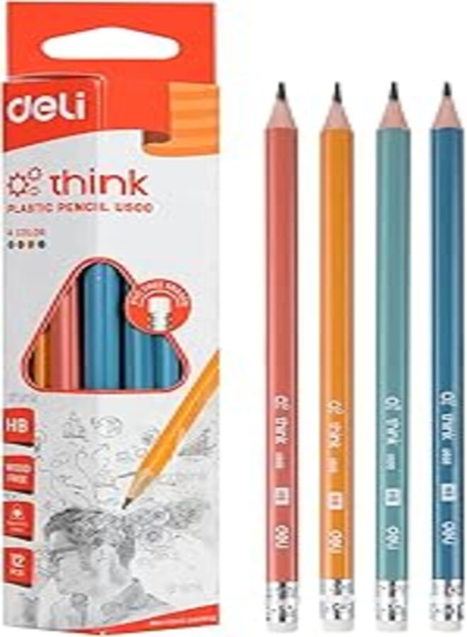 Deli u500 think plastic hb graphite pencil eraser tipped pack of 12 pencils - multi color