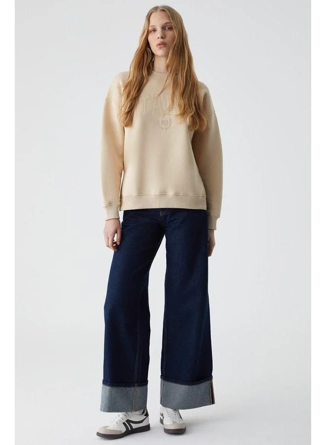 GRIMELANGE RICENRI Women's Crew Neck Oversized Stone-Colored Sweatshirt.