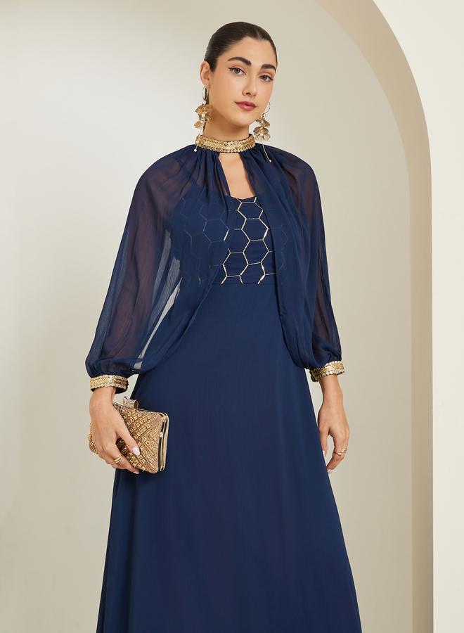 Styli Blue Embellished Sequin Maxi Dress with Removable Cape - Image 2