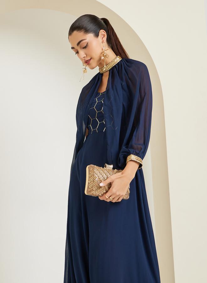 Styli Blue Embellished Sequin Maxi Dress with Removable Cape - Image 3