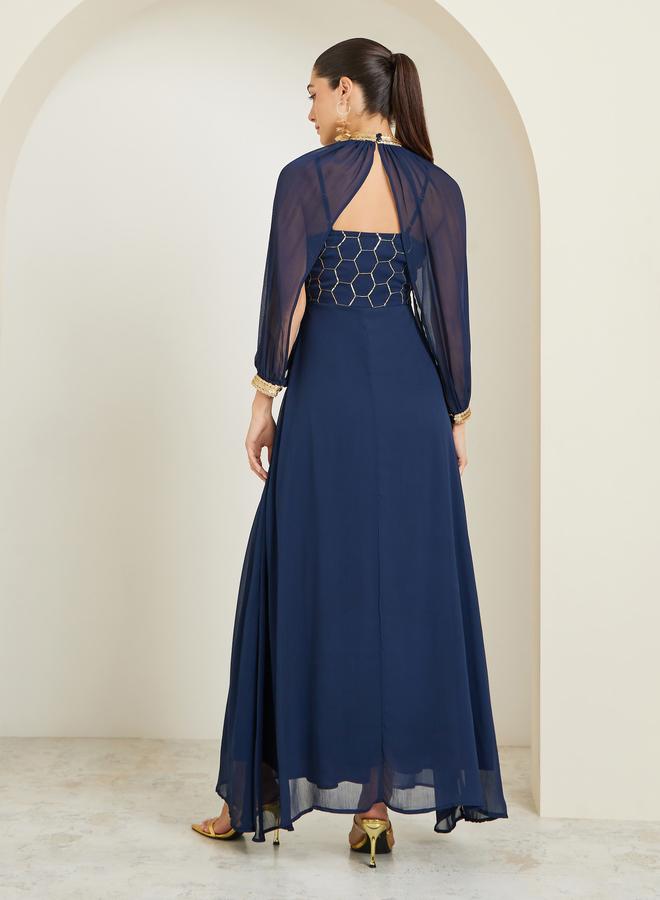 Styli Blue Embellished Sequin Maxi Dress with Removable Cape - Image 5