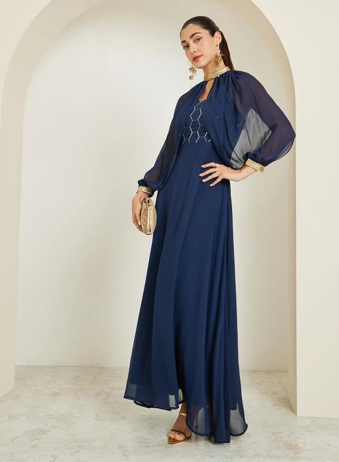 Blue Embellished Sequin Maxi Dress with Removable Cape