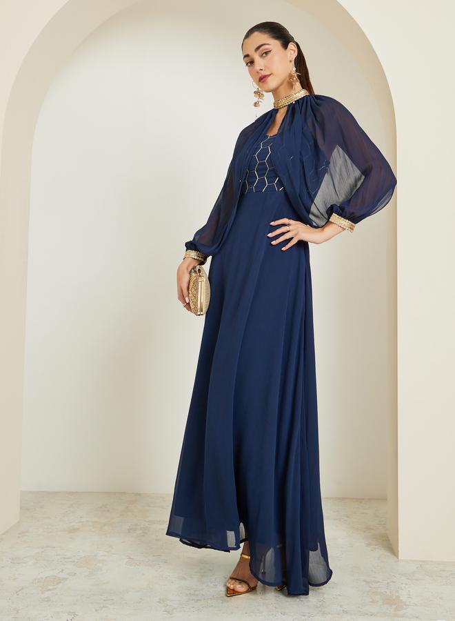 Styli Blue Embellished Sequin Maxi Dress with Removable Cape - Image 1
