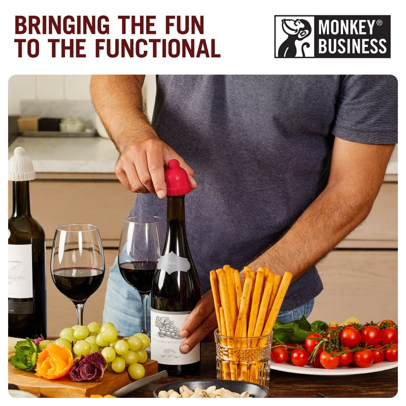 Monkey Business Beanie Cap Decorative Silicone Bottle Stopper in a Gift Box, Set of Two, Novelty Cork, Beverage and Wine Keeper, Champagne Bottle stoppers (Red & Grey) - Image 3