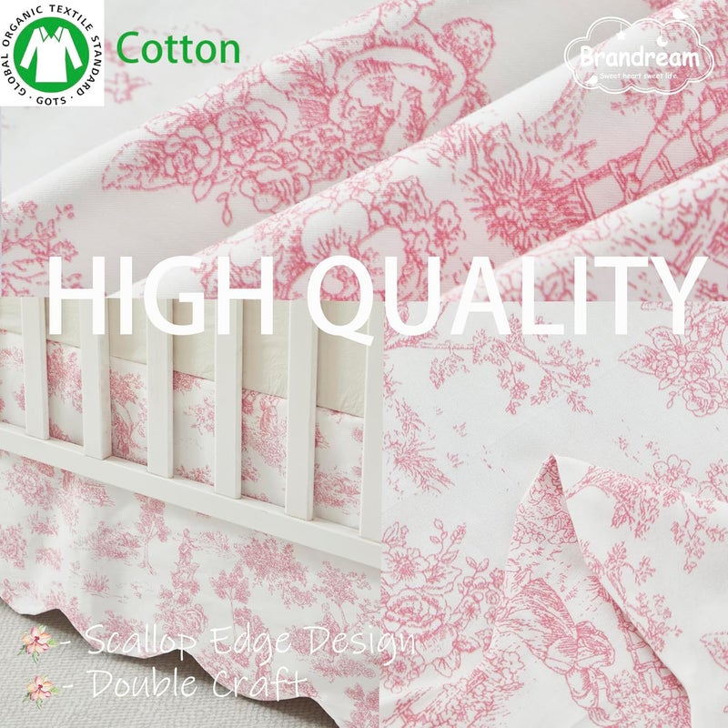 Brandream Scallop Edge Cotton Crib Skirt, Baby Girl, French Country Pink Toile Crib Skirt Toddler Bedskirt Farmhouse Chic Nursery Crib Bed Skirt, Boho Bohemian Vintage Floral Print - Image 3