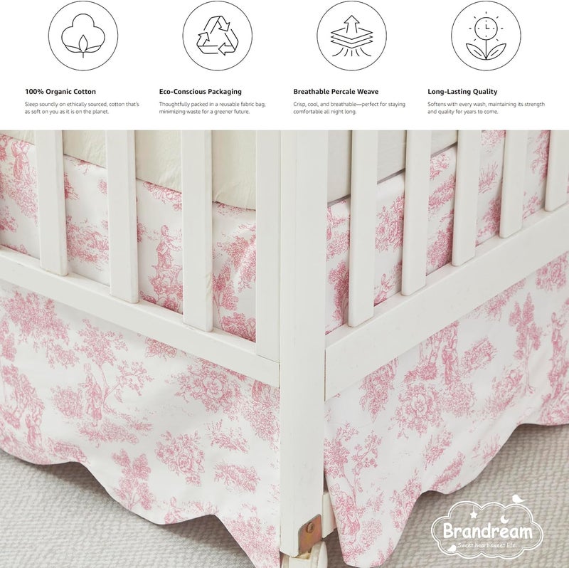 Brandream Scallop Edge Cotton Crib Skirt, Baby Girl, French Country Pink Toile Crib Skirt Toddler Bedskirt Farmhouse Chic Nursery Crib Bed Skirt, Boho Bohemian Vintage Floral Print - Image 5