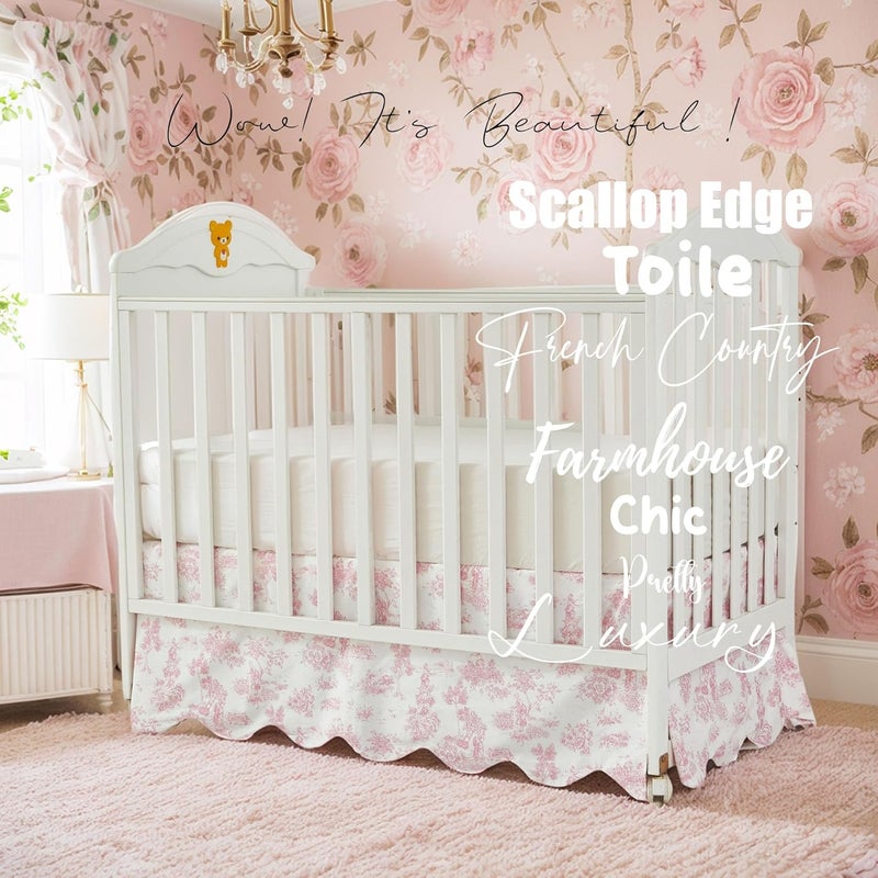 Brandream Scallop Edge Cotton Crib Skirt, Baby Girl, French Country Pink Toile Crib Skirt Toddler Bedskirt Farmhouse Chic Nursery Crib Bed Skirt, Boho Bohemian Vintage Floral Print - Image 2