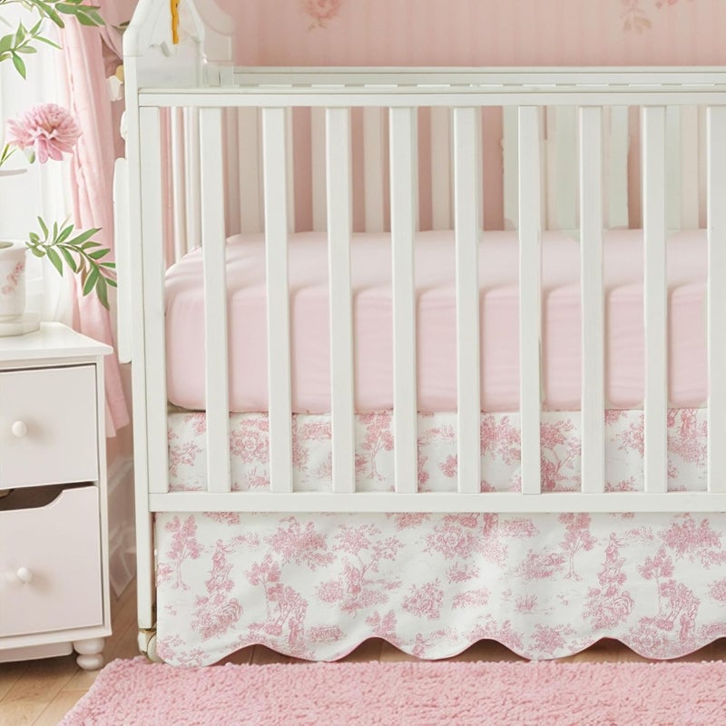 Brandream Scallop Edge Cotton Crib Skirt, Baby Girl, French Country Pink Toile Crib Skirt Toddler Bedskirt Farmhouse Chic Nursery Crib Bed Skirt, Boho Bohemian Vintage Floral Print - Image 1