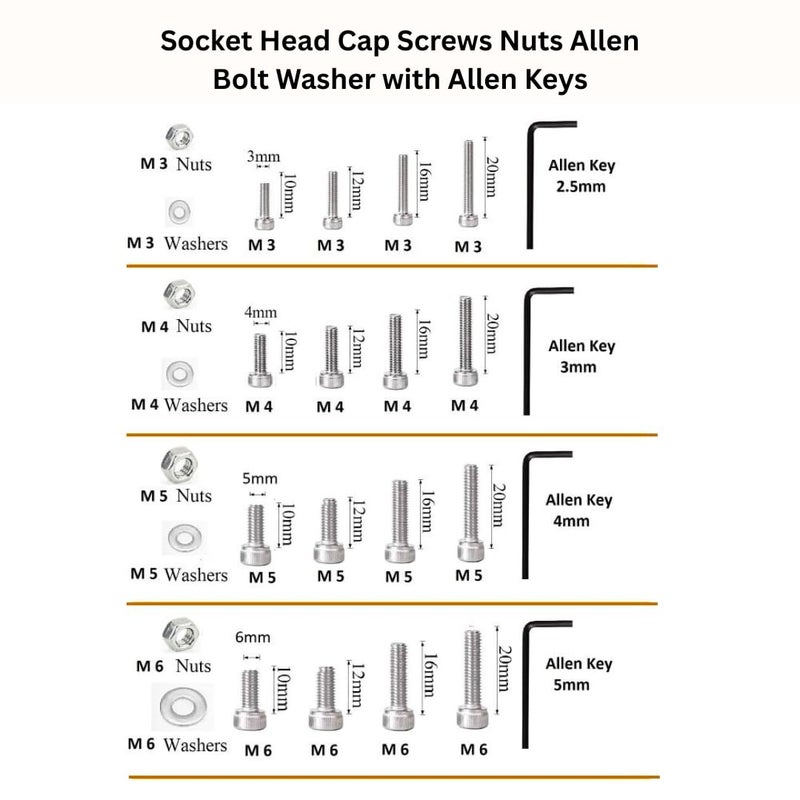 GENERASIS - SS304 | M3, M4, M5, M6 | Nut & Bolt Sets | 4 - Sizes | Stainless Steel Socket Head Cap Screws, Nuts, Washers & Allen Keys Assortment Kit – Storage Box for DIY, Home Use (Pack of 348) - Image 2