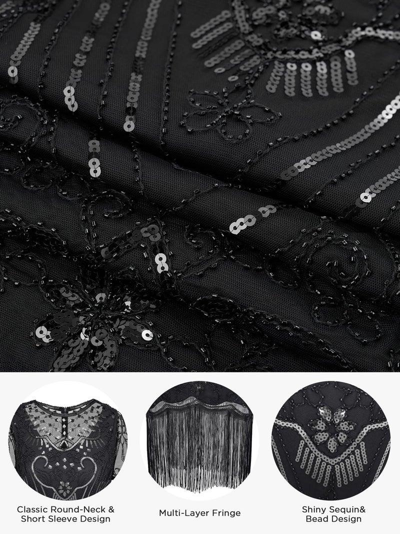 SWEETV Black Flapper Dresses for Women, Lace Neck Great Gatsby Dresses with Sleeves for Harlem Nights/Cocktail/Party - 1920s Costumes, Large - Image 5