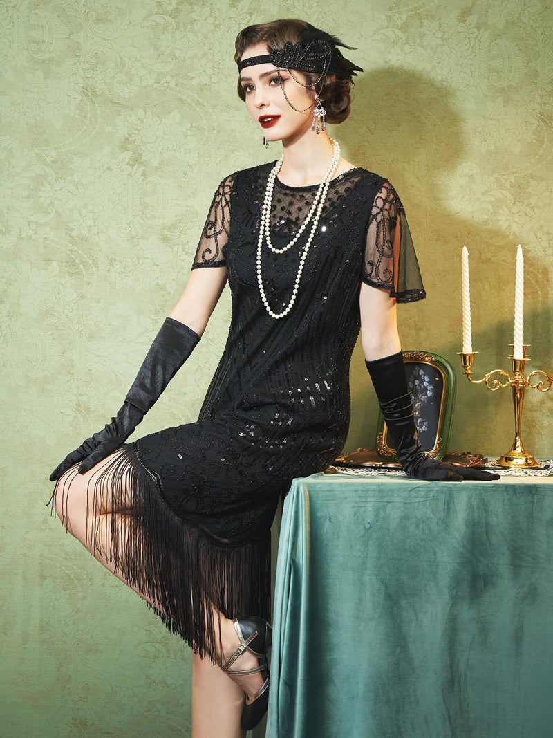 SWEETV Black Flapper Dresses for Women, Lace Neck Great Gatsby Dresses with Sleeves for Harlem Nights/Cocktail/Party - 1920s Costumes, Large - Image 3