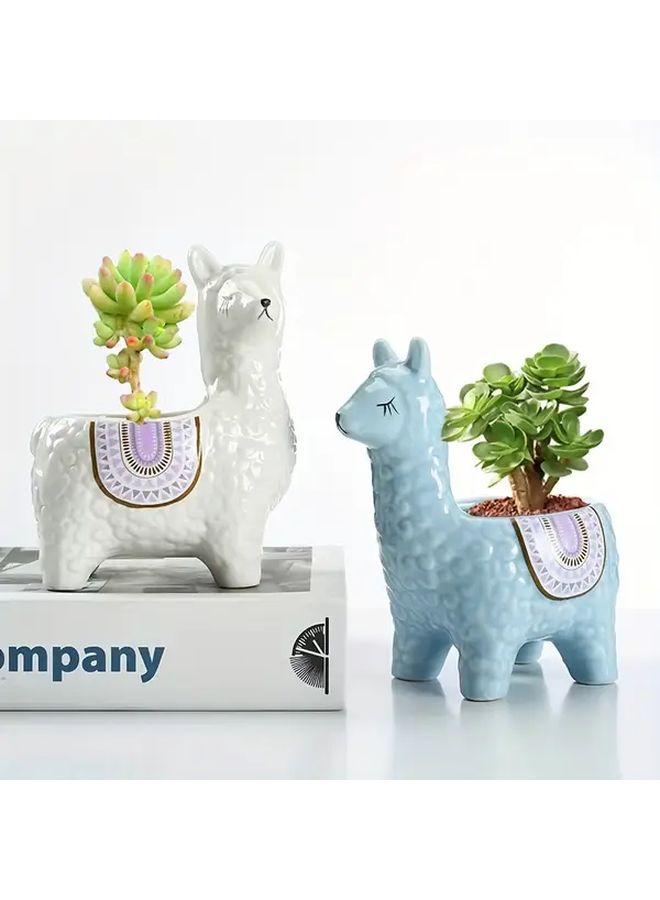 1pc Nordic Style Alpaca White Ceramic Planter Indoor Outdoor Floor Mounted Succulent Pot With Drainage Tray Creative Cartoon Design For Desk Garden Decor - Image 1