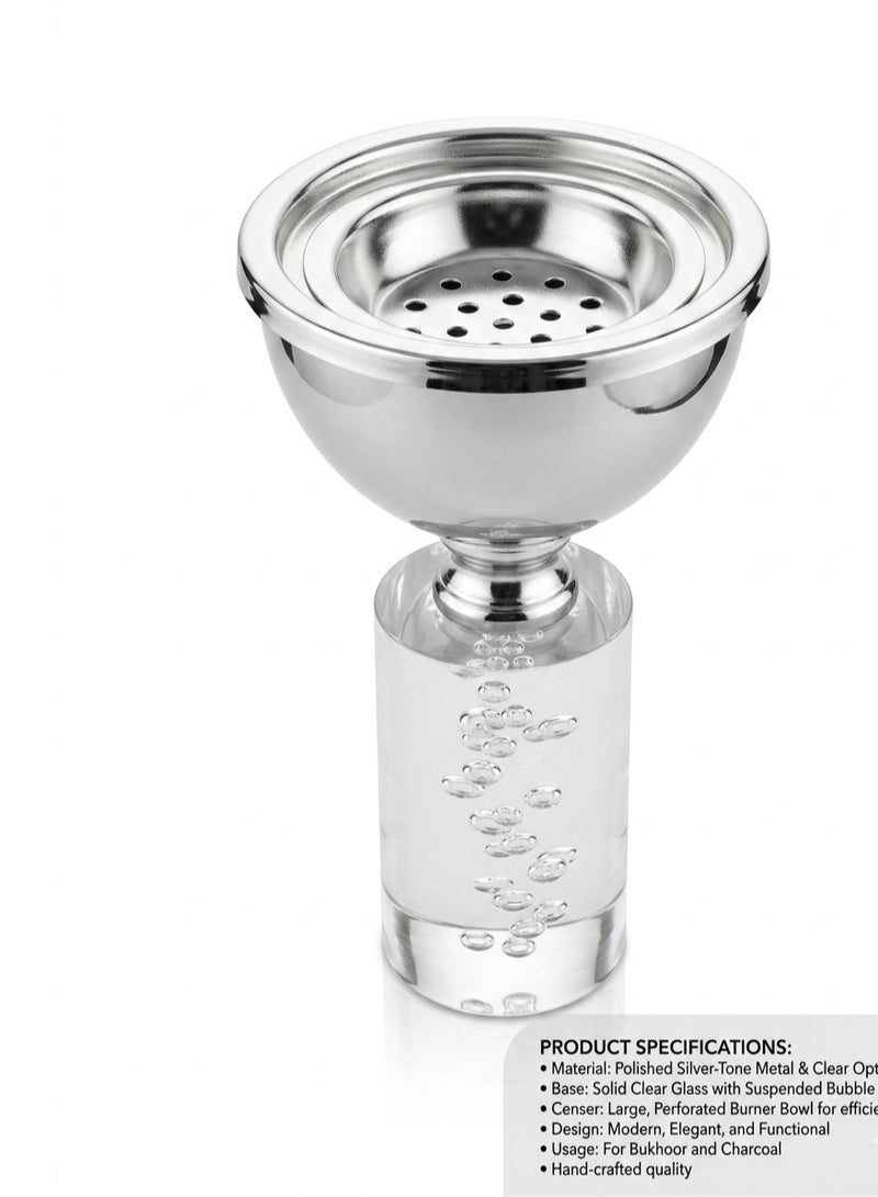 Rymel Luxury Hand-Crafted Bakhoor Burner - Polished Silver-Tone Censer with Solid Crystal-Clear Bubble Glass Base - Image 2