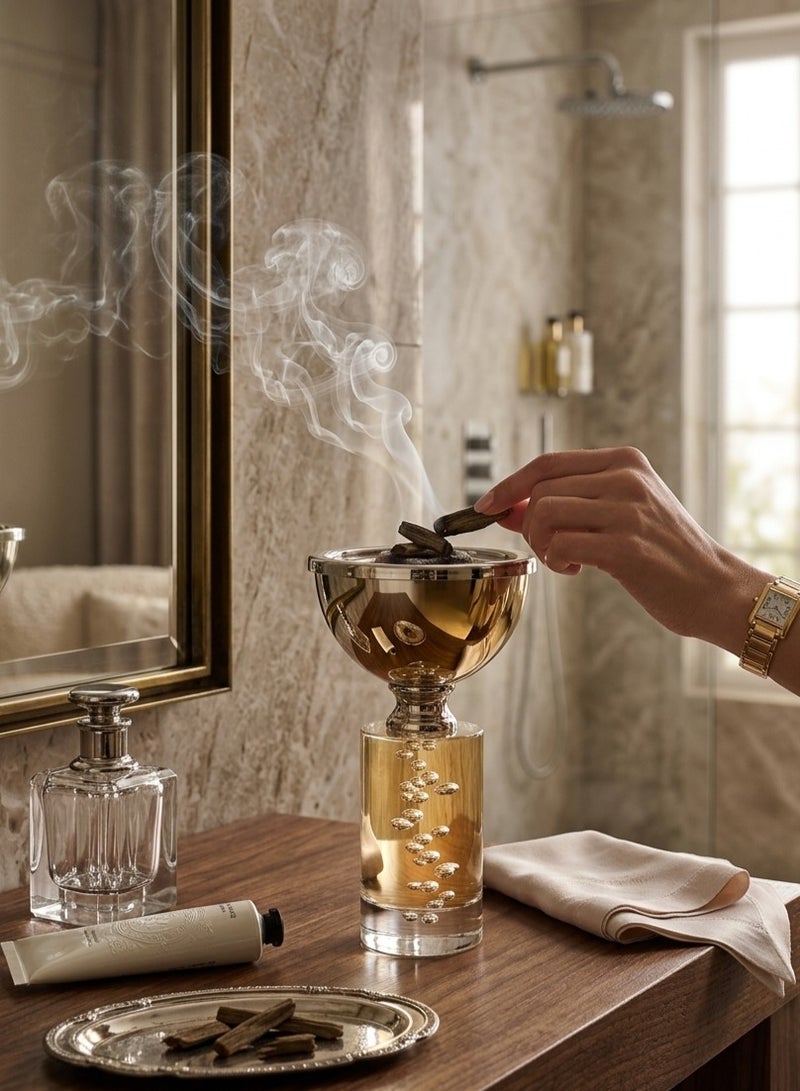 Rymel Luxury Hand-Crafted Bakhoor Burner - Polished Silver-Tone Censer with Solid Crystal-Clear Bubble Glass Base - Image 3