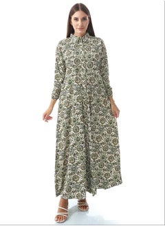 Andora Casual Elegant Cotton Long Dress _ White ,Pine Green & Black  - Image 1