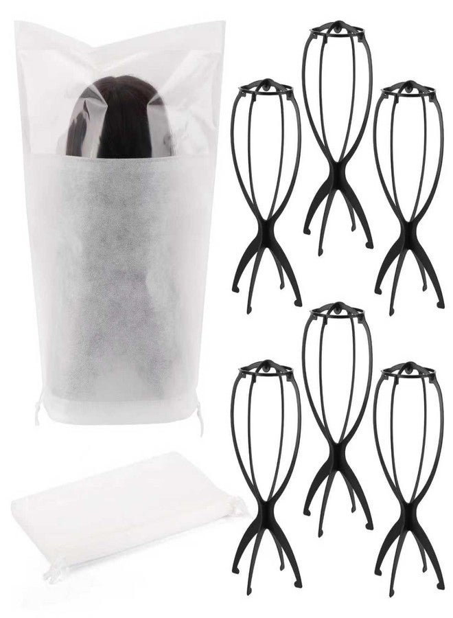 acDesign 6 Pack Wig Stand With 6 Pcs Wig Dust Bag, Wig Head Stand for Women Multiple Wigs Styling and Travel, Black - Image 1