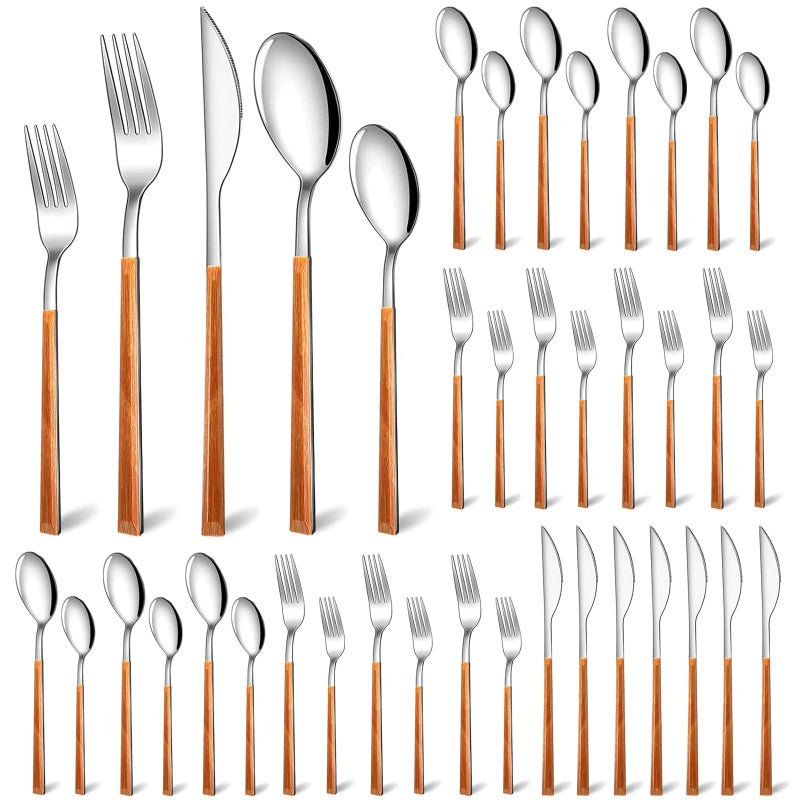 Coume Coume 40 Pcs Wood Handle Silverware Set Stainless Steel Cutlery Set with Imitation Wood Grain Handle Silver Mirror Polished Dishwasher Safe for Household Kitchen Utensil Restaurant Hotel Party