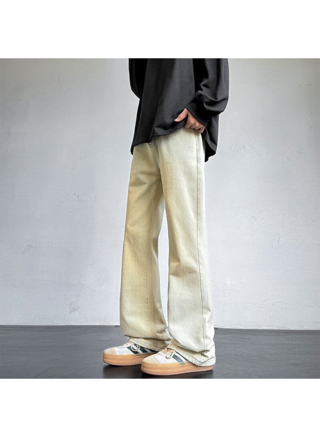Homlean American Vintage Washed Denim Jeans Summer Men's Fashion Loose Straight Micro Flared Casual Pants Ss99 Yellow Mud Color 3XL - Image 4