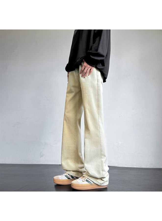 Homlean American Vintage Washed Denim Jeans Summer Men's Fashion Loose Straight Micro Flared Casual Pants Ss99 Yellow Mud Color 3XL - Image 2