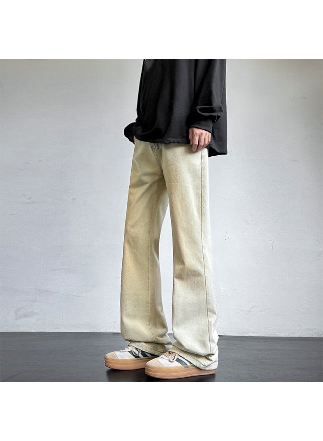 Homlean American Vintage Washed Denim Jeans Summer Men's Fashion Loose Straight Micro Flared Casual Pants Ss99 Yellow Mud Color 3XL - Image 3