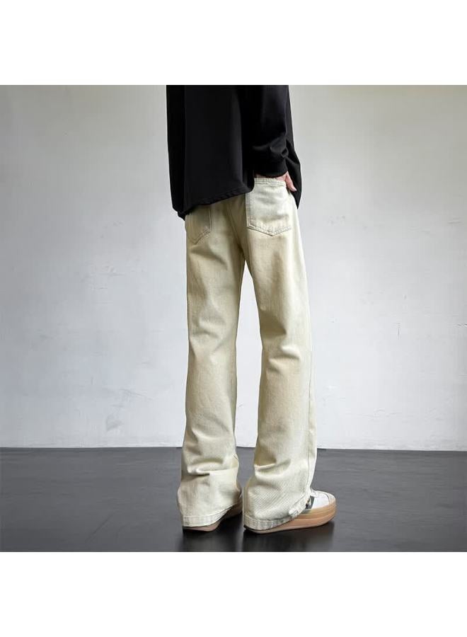 Homlean American Vintage Washed Denim Jeans Summer Men's Fashion Loose Straight Micro Flared Casual Pants Ss99 Yellow Mud Color 3XL - Image 5