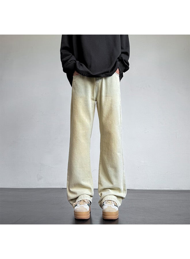 Homlean American Vintage Washed Denim Jeans Summer Men's Fashion Loose Straight Micro Flared Casual Pants Ss99 Yellow Mud Color 3XL - Image 1