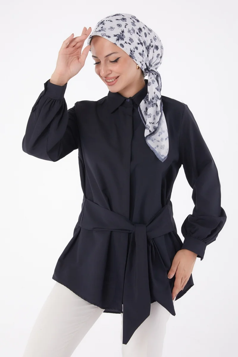 Tofisa Plain Shirt Collar Women's Black Lace Detail Tunic - 13250