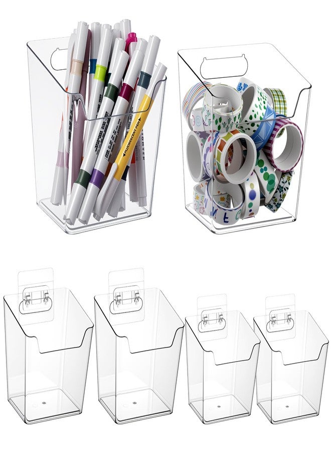 Caeuiciw 6 Pcs Clear Adhesive Wall Storage Bins, Small Cabinet Door Organizer Holders, Hanging Wall Mount Pockets, Plastic Cups for Shower Bathroom Makeup Office Craft Remote Kitchen Sink RV Organization - Image 1