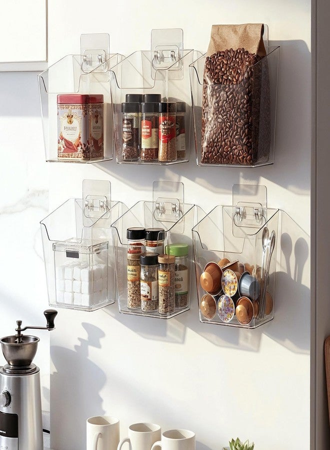Caeuiciw 6 Pcs Clear Adhesive Wall Storage Bins, Small Cabinet Door Organizer Holders, Hanging Wall Mount Pockets, Plastic Cups for Shower Bathroom Makeup Office Craft Remote Kitchen Sink RV Organization - Image 5