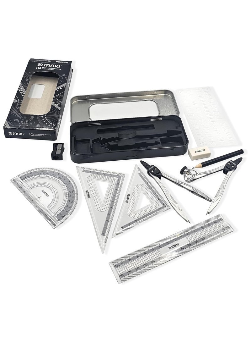 Maxi 10 قطع أدوات هندسية للمدرسة في صندوق معدني أسود - Image 2