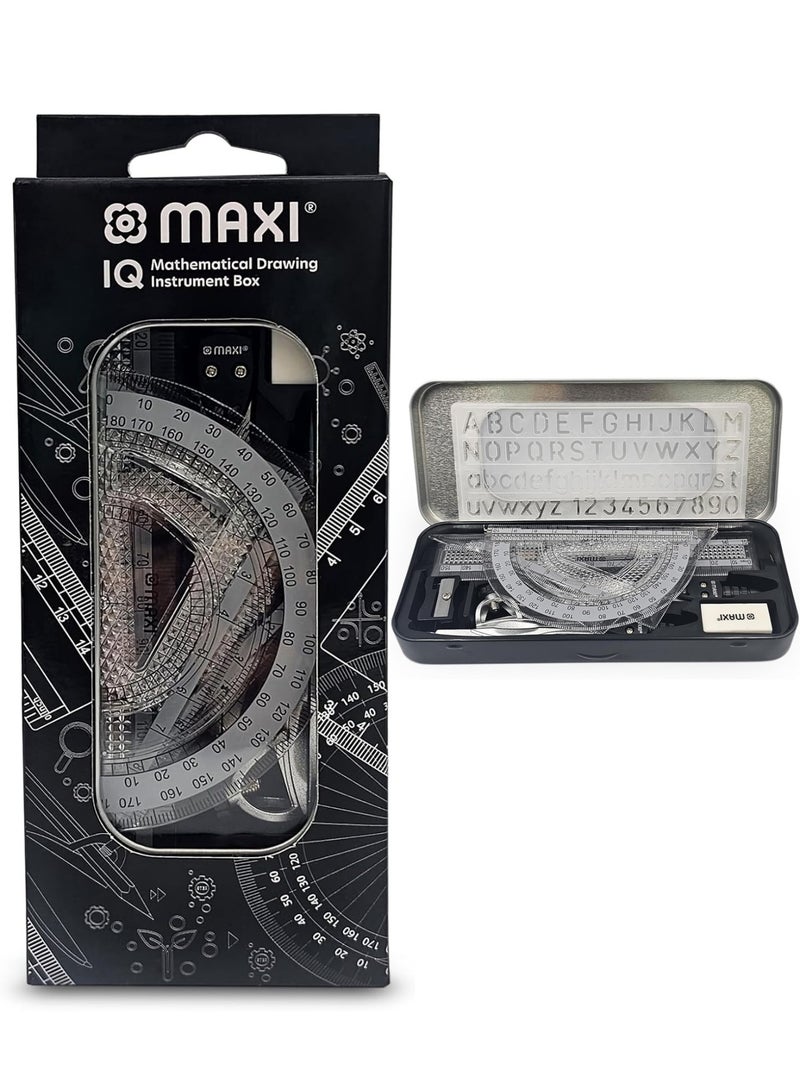 Maxi 10 قطع أدوات هندسية للمدرسة في صندوق معدني أسود - Image 1