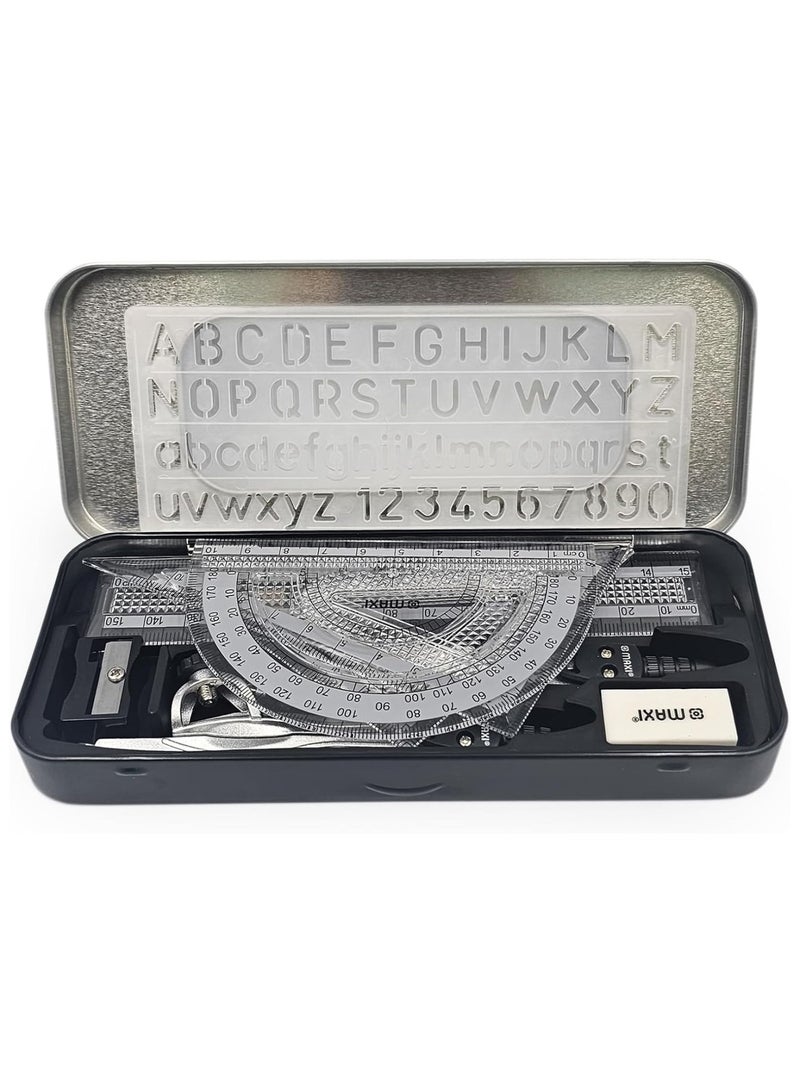 Maxi 10 قطع أدوات هندسية للمدرسة في صندوق معدني أسود - Image 3