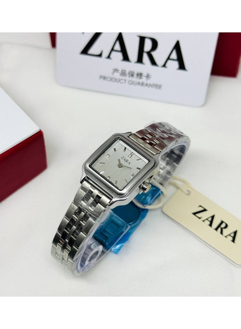 ZARA Elegant Women's All-Silver Square Watch | Silver Dial with Crystal Markers | Stainless Steel Bracelet