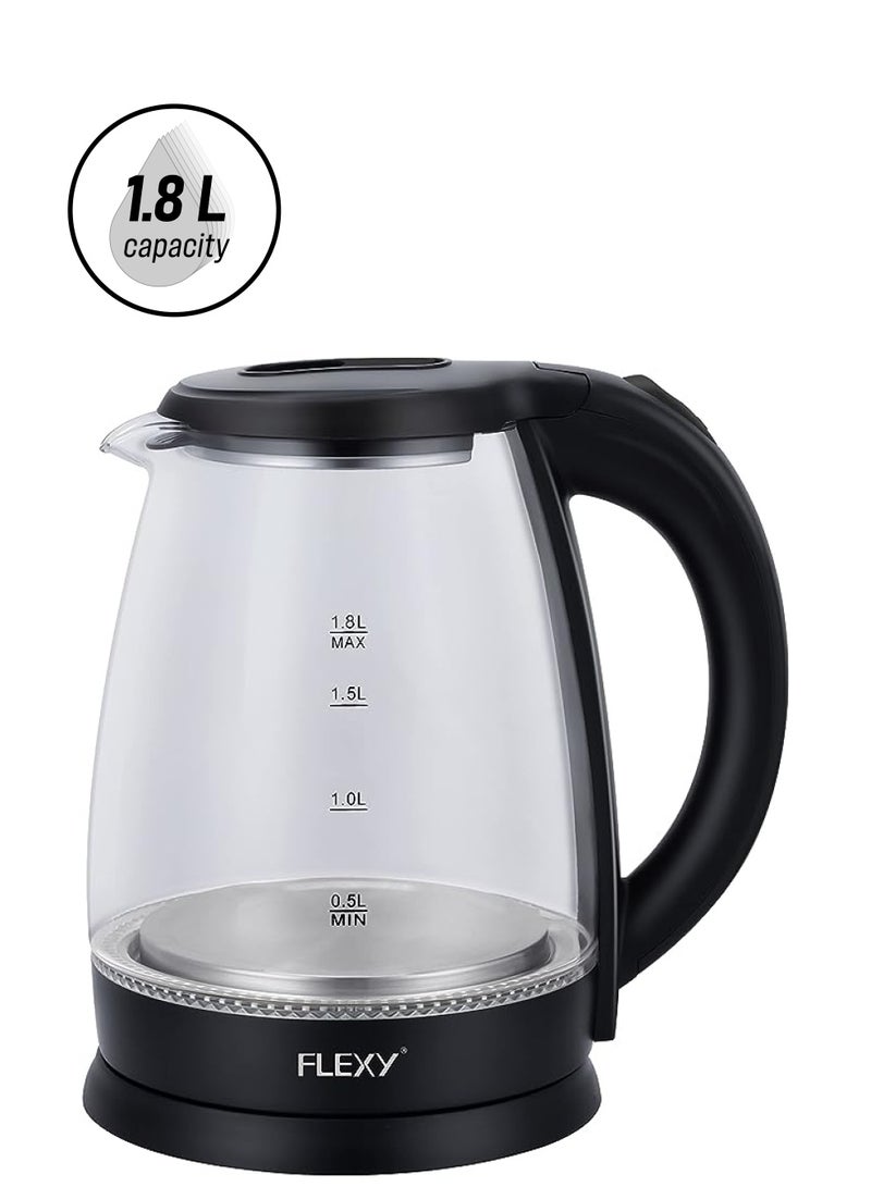 فليكسي غلاية كهربائية لاسلكية بجسم زجاجي لتر مع قاعدة دوارة 360 درجة، مخزن لسلك الطاقة، وظيفة القطع التلقائي، مؤشر LED، 1500 واط - Image 1