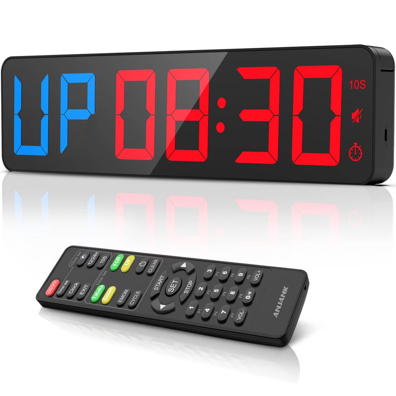 Gym Timer 15 Large LED Display Wall Clock Gym Interval Workout Count Down Up Stopwatch Adjustable Buzzer Volume Upgraded Remote Digital Timer for Fitness Classroom Home Garage Outdoor