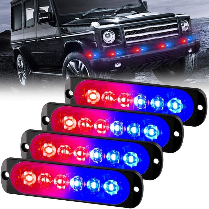 Sidaqi Universal 12-24V Emergency Strobe Warning Lights 6 LED 12W Surface Mount Beacon Hazard Warning Lights Flashing Light Bar for Off Road Vehicle, ATVs, Truck- 4PCS (Red&Blue) - Image 1