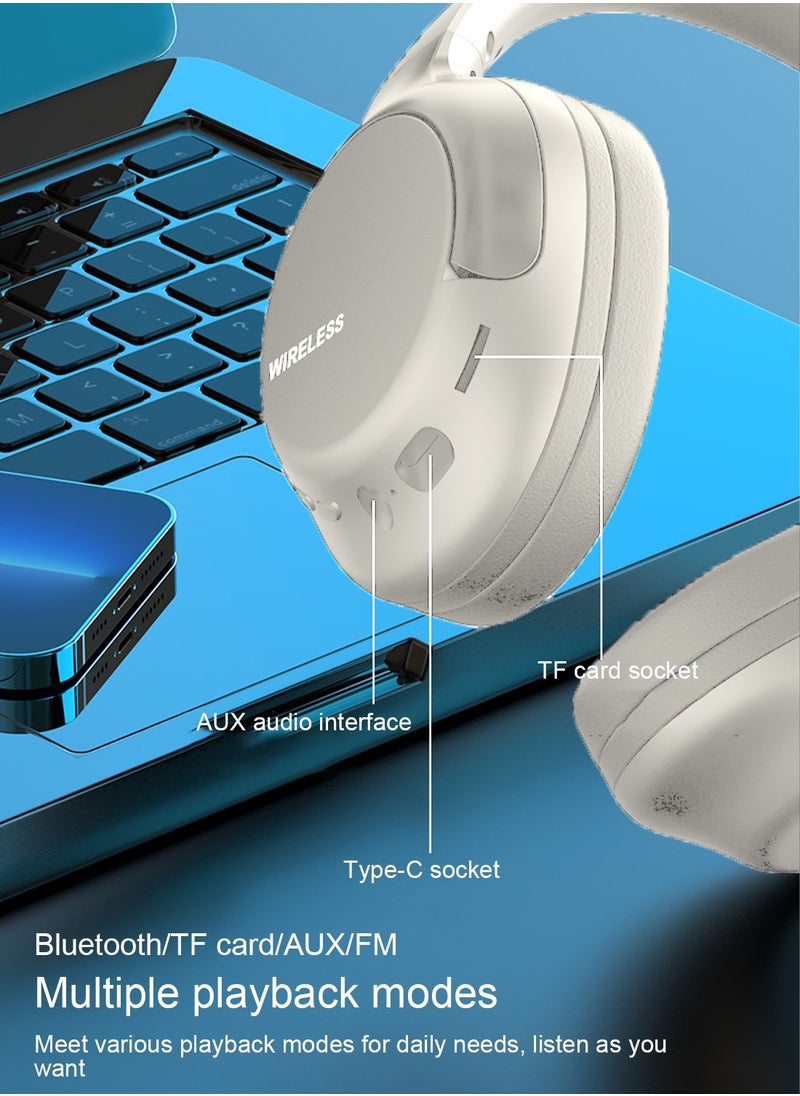 Over-Ear Bluetooth Wireless Headphone,Stereo Sound Intelligent Noise-Canceling Headset, TF Card/Wired/Wireless Mode White