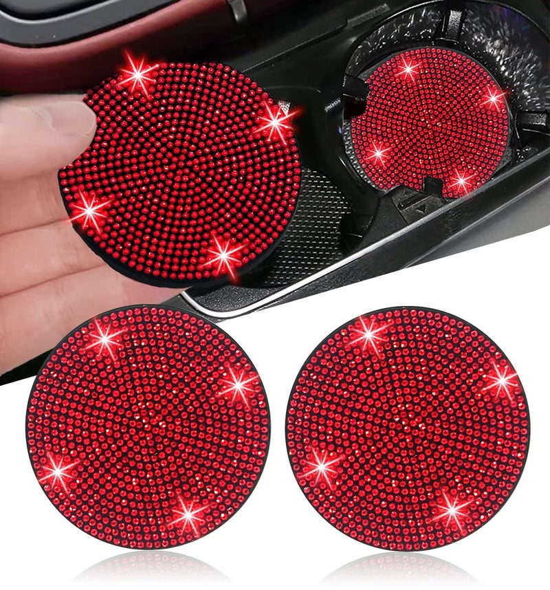 NBTEPEM 2pcs Bling Car Cup Holder Coaster, 2.75 inch Anti-Slip Shockproof Universal Fashion Car Coasters Insert Bling Crystal Rhinestone Automotive Interior Accessories for Women (2 pcs, Red) - Image 1