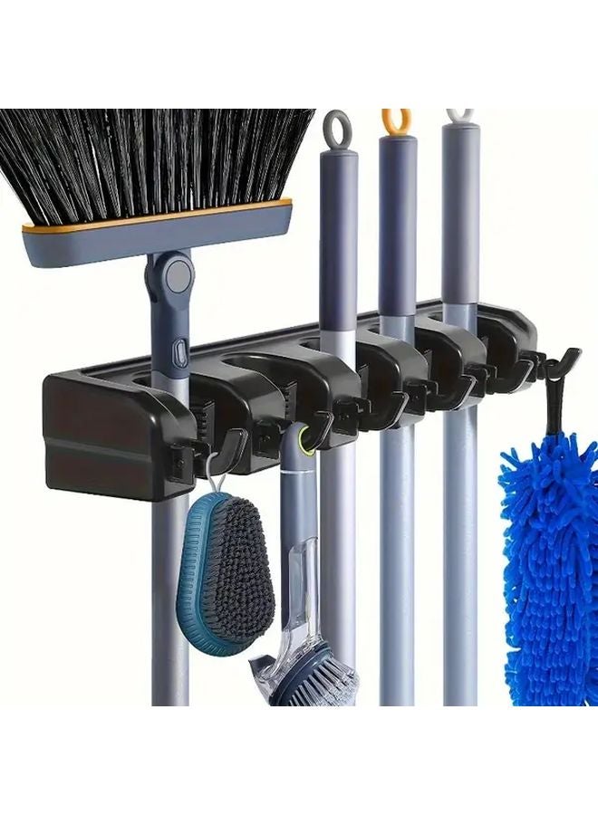 Black Wall Mount Broom Mop Holder 5 Slot 6 Hook Heavy Duty Tool Organizer - Image 2