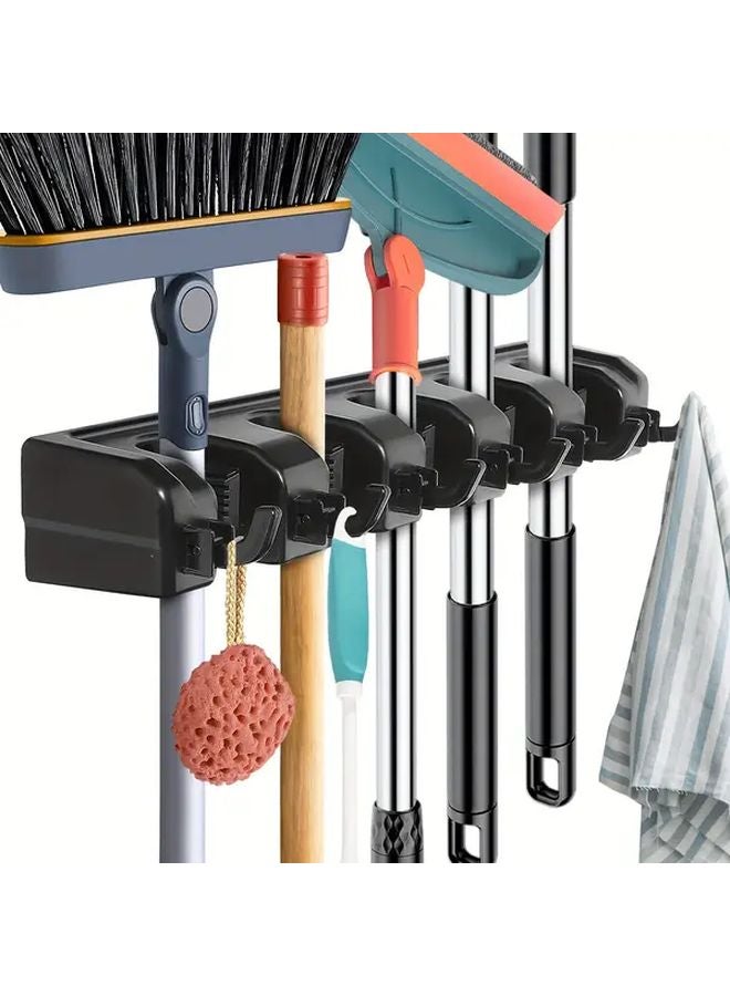 Black Wall Mount Broom Mop Holder 5 Slot 6 Hook Heavy Duty Tool Organizer - Image 1